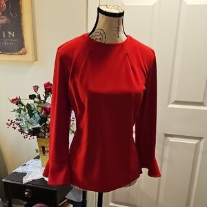 Ann Taylor, Bell Sleeve, Pleated and Darted Holiday Party Red blouse/Top, Size M